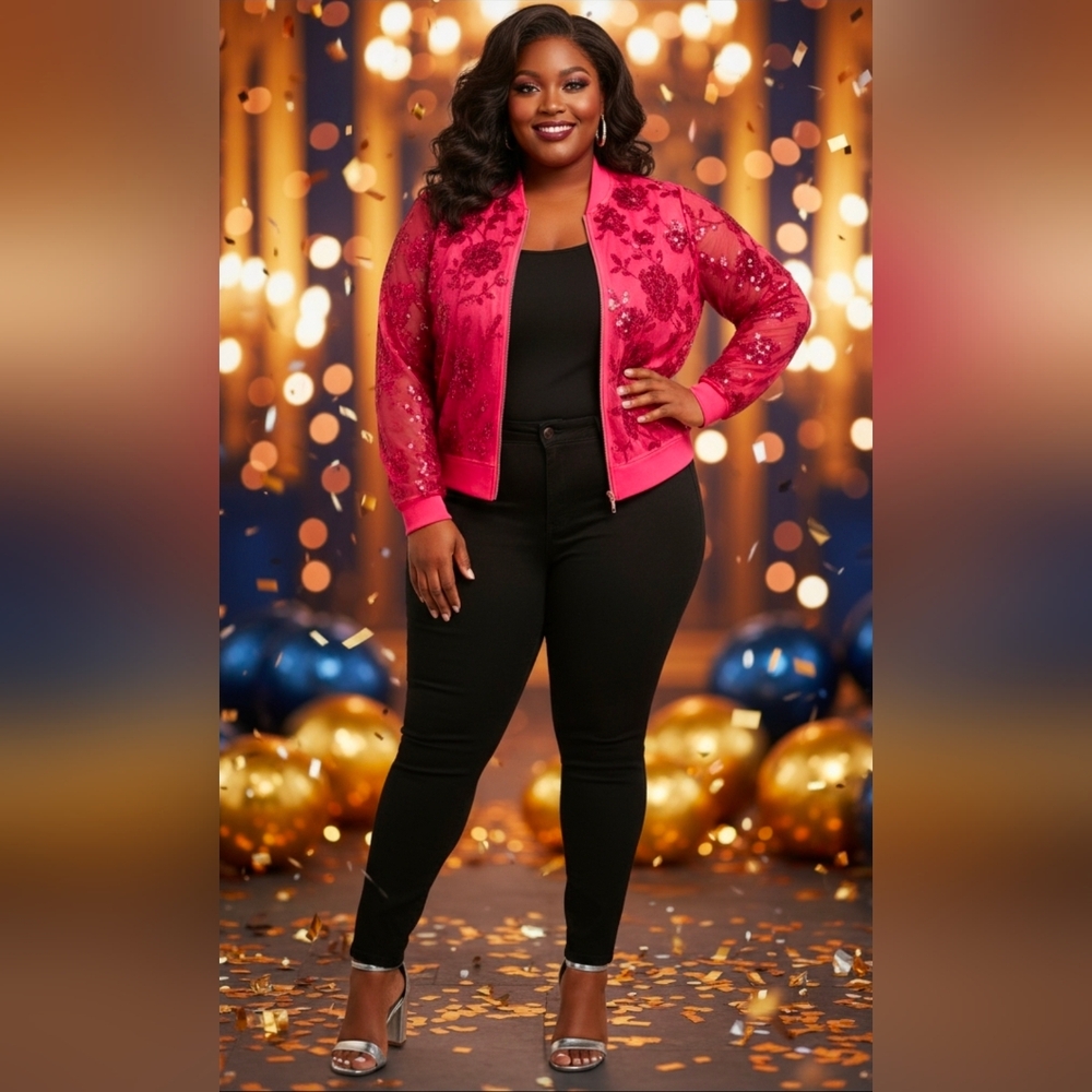 NWT Ashley Stewart Pink Sequin Floral Bomber Jacket Sz 14/16
